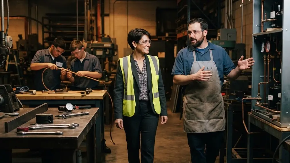 A district administrator in a safety vest and glasses tours a school trades shop with the program's teacher.