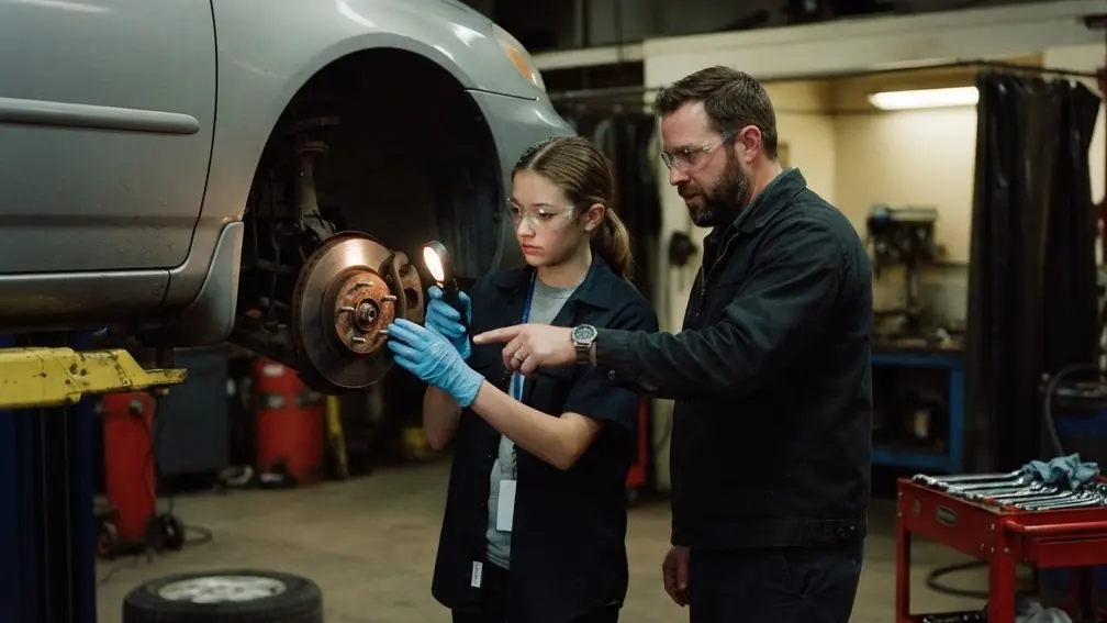 A student in safety glasses and nitrile gloves inspects a brake rotor on a car raised on a lift, with her instructor beside her.