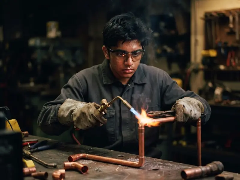 A student in safety glasses and leather gloves brazes a copper pipe joint with a small torch.