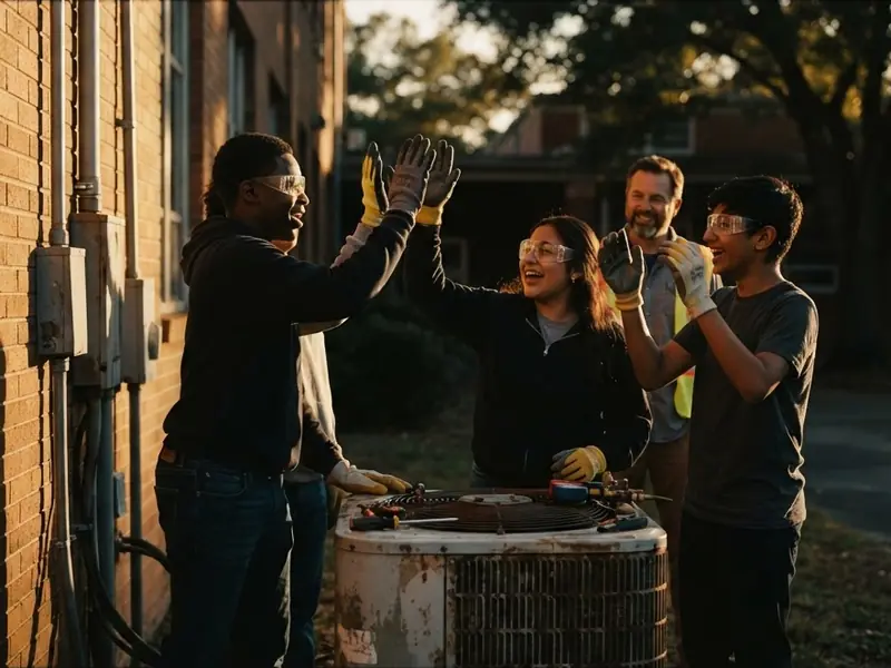 A student crew in safety glasses and gloves high-fives beside the outdoor air conditioning unit they just repaired.