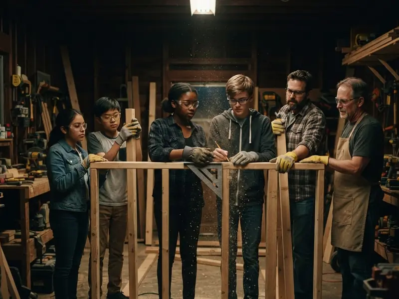 A homeschool co-op of teens and parent volunteers in safety glasses frames a timber wall together in a community workshop.