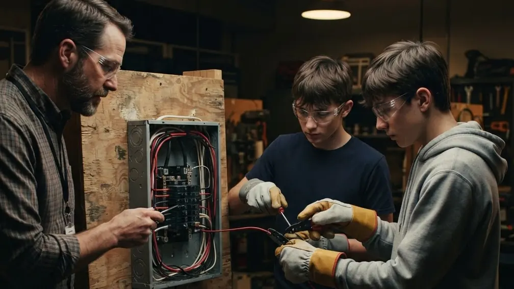Two students in safety glasses and gloves wire a practice breaker panel while their instructor points out a connection.