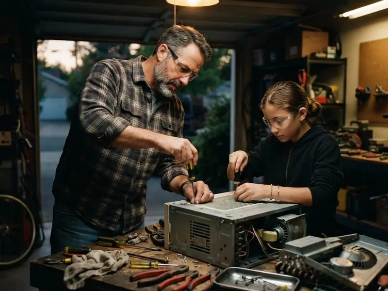 A homeschooling father and daughter in safety glasses repair a small air conditioner at their garage workbench.