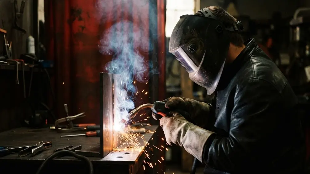 A student in a lowered welding helmet, leather jacket and gauntlets welds steel plate as sparks fly.
